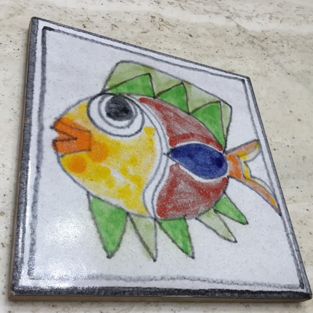 Colorful Hand Painted  Fish Terracotta Tile Trivet Art